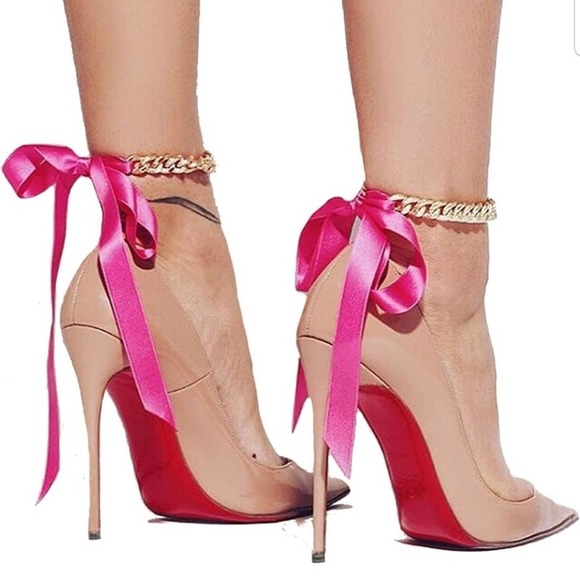 Jewelry - Baby pink ribbon bracelets silk bow ankle chains anklets cuban link foot chain.